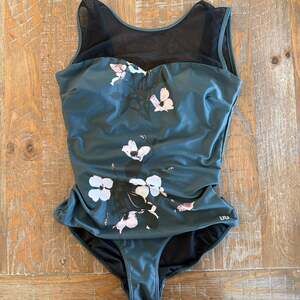 Albion Fit Dark Green Floral Mesh Cutout Back One Piece Swimsuit